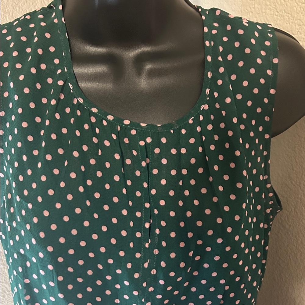 CAbi Green and Pink Polka Dot blouse w/ solid green shell